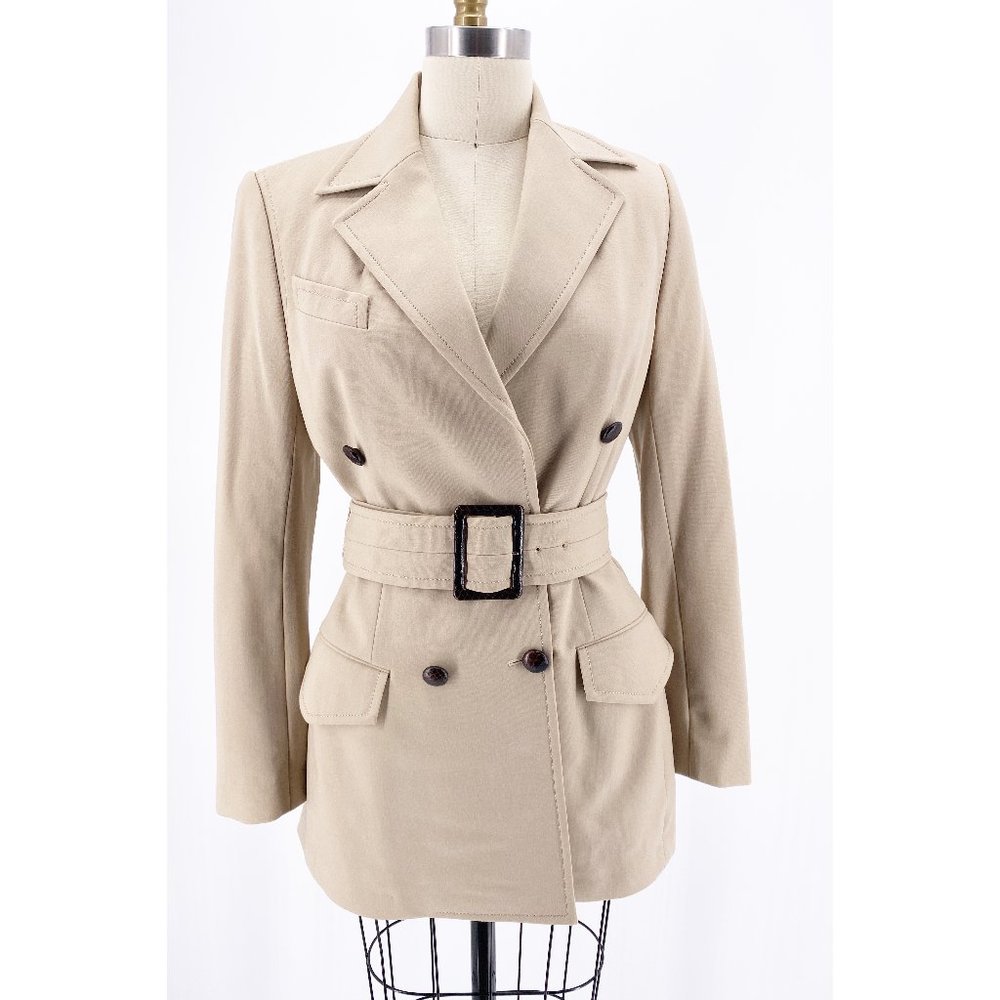 RICHARD TYLER TAN DOUBLE BREASTED WOOL BLEND TRENCH COAT~6